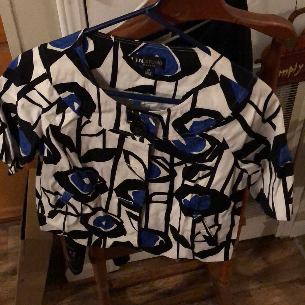 White black and blue ladies blazer